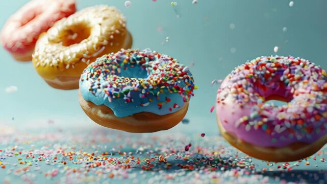 donuts falling on blue background, top view