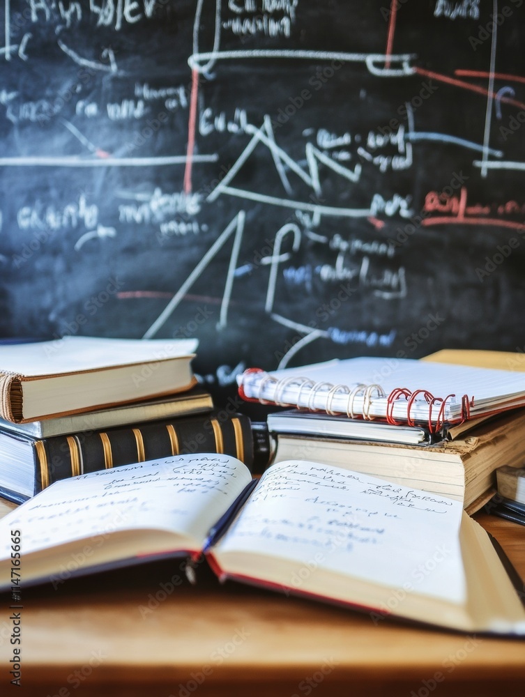 Aufkleber stationery and notebooks scattered on a wooden desk ready for study near a chalkboard filled with no