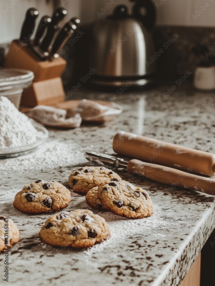 Aufkleber freshly baked cookies cooling on a kitchen countertop with ample copy space for text. generative ai