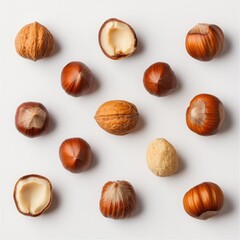 Hazelnuts and walnuts arranged on white background.