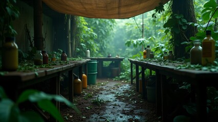 Fototapeta premium Jungle cocaine lab with coca leaves, barrels, and makeshift tools under a green tarp. Dense foliage and humid air highlight the secrecy of this illicit operation