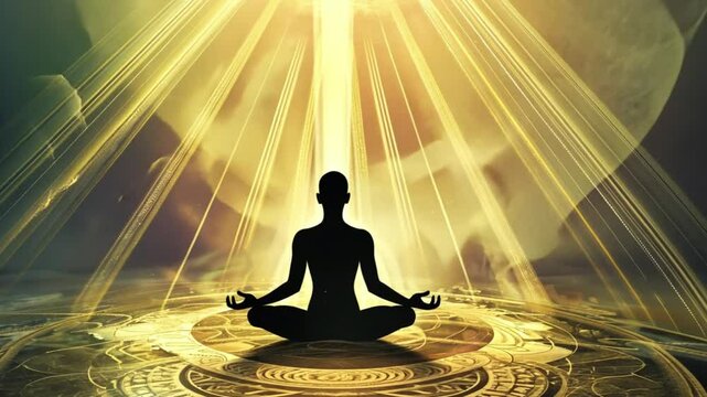 A serene figure sits in meditation, surrounded by radiant golden rays, embodying enlightenment and spiritual balance.