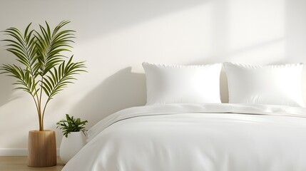 Simple and fresh hostel room, white bed linens, polished wooden floors, a small green plant beside the bed, natural light illuminating the room
