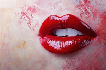 Closeup of glossy red lips against textured background