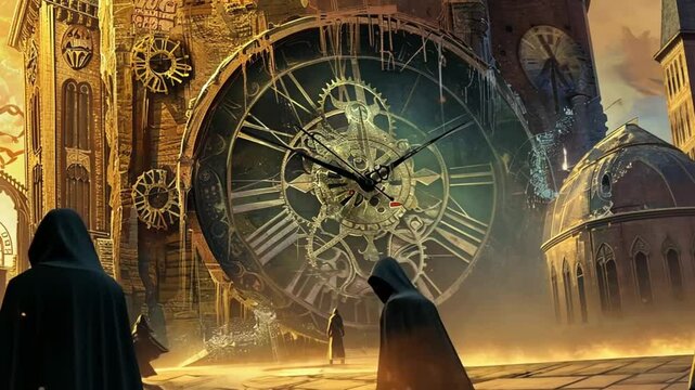A mystical figure gazes at a massive, ornate antique clock, symbolizing time and the mysteries of existence.
