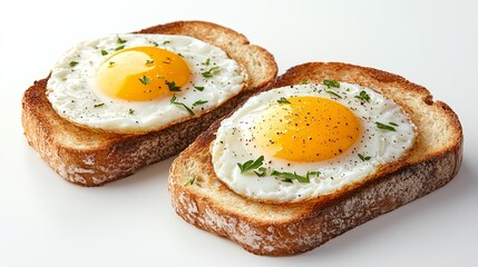 Golden fried eggs on crunchy toast, sprinkled with parsley, bright and fresh, isolated on white, perfect brunch option