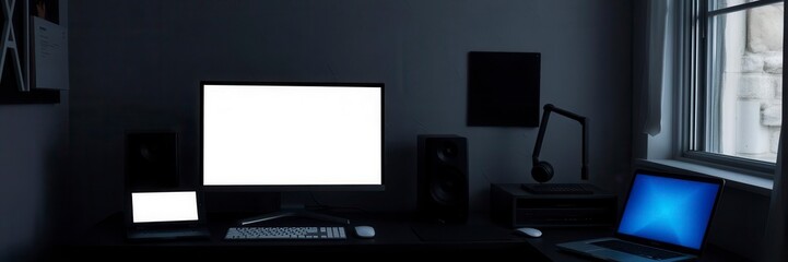 Fototapeta premium Multiple electronic devices including laptop, tablet and smartphone placed on a desk in a dark room with a glowing screen, mockup, screen