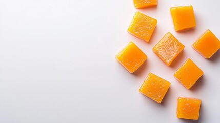 Golden mango cubes neatly arranged, isolated on pure white background, tropical sweetness and dessert inspiration