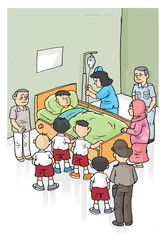 visiting patients in hospital, color illustration