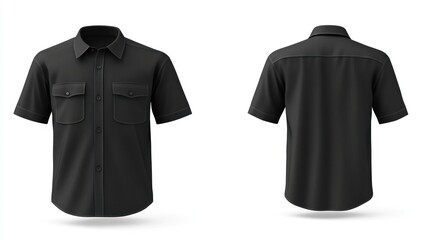 Black short sleeve button down shirt mockup isolated on white background.