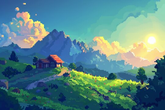 A serene pixel art landscape featuring a cottage, mountains, and a vibrant sunset.