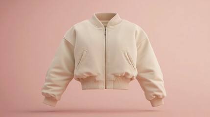 A cream-colored bomber jacket on a pink background with a zipper, pockets, and ribbed cuffs and waistband.