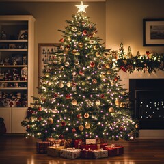 Decorated Christmas tree with presents.