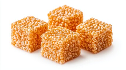 Golden crispy rice squares, fine detail of crispy layers, isolated on pure white, childhood nostalgia snack theme, premium image