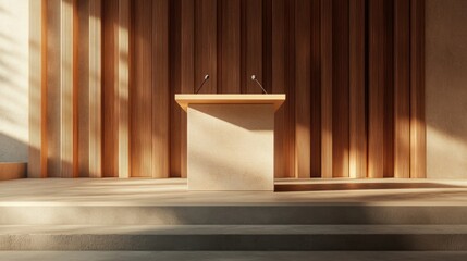 A simple wooden podium with two microphones on a stage in front of a wooden wall.