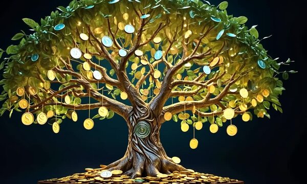 Money Tree: A Symbol of Prosperity and Abundance. A lush tree adorned with gold and silver coins, representing financial growth and wealth.