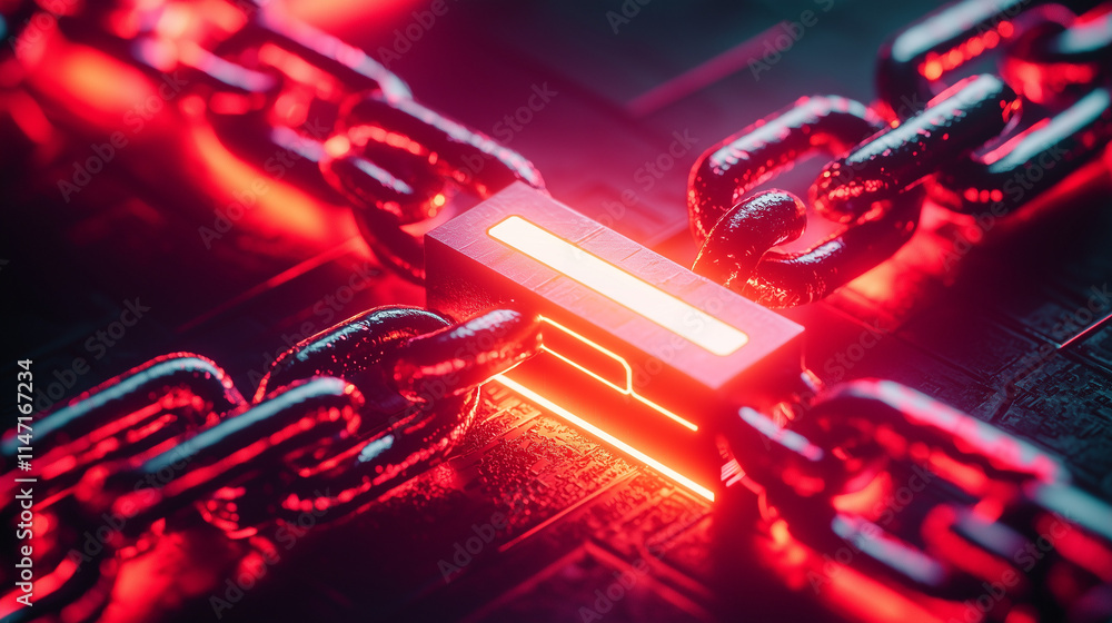 Poster glowing red illuminated link secures intersecting metallic chains, suggesting robust data protection
