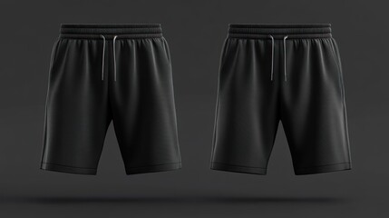 Two black sweatpants shorts with drawstrings on a grey background.
