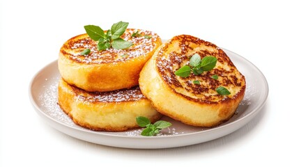 Golden French toast with powdered sugar topping, elegantly plated on white, isolated, detailed close-up, morning brunch delicacy