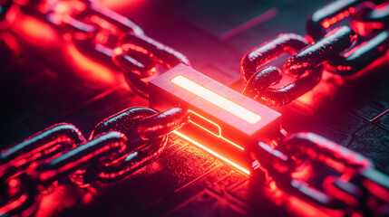 Glowing red illuminated link secures intersecting metallic chains, suggesting robust data protection and blockchain technology. Cybersecurity concept.