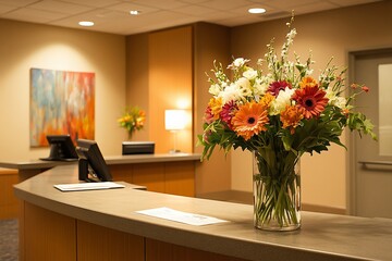 Modern reception desk with flowers.