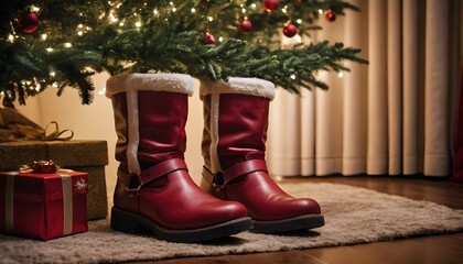 Santa’s boots next to a Christmas tree.