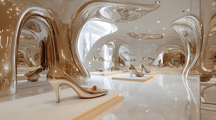 Luxury shoe collection, glossy heels on display, chic store setting