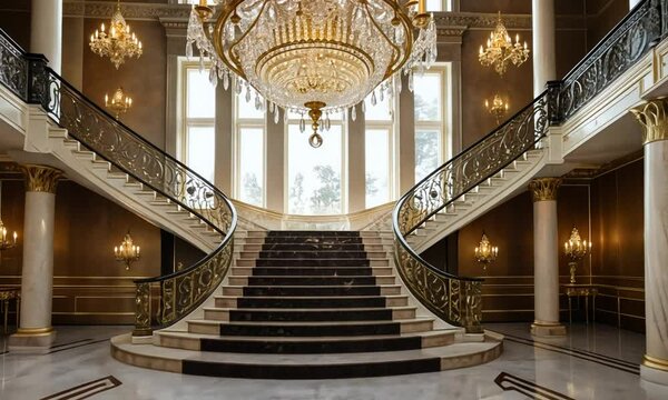 Grand Foyer Elegance: A palatial entrance with dual staircases, exquisite chandelier, and marble flooring.