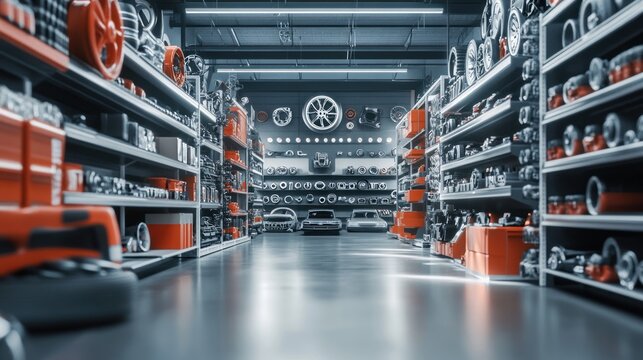 A well-stocked auto parts store with shelves full of car parts and accessories.