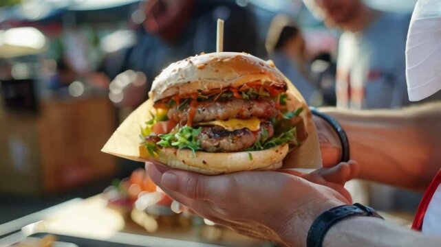 colorful, tasty meat burger with fire in background, fast food concept