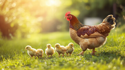 Fototapeta premium Soft-focus image of a mother hen with her fluffy chicks walking across clean, green grass, symbolizing natural growth and poultry health.