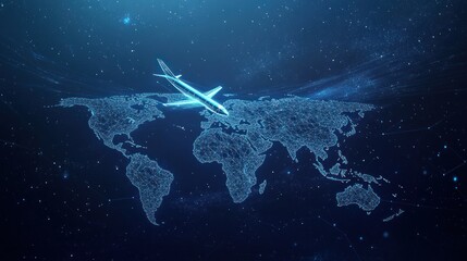 A blue airplane flies over a wireframe world map, representing global travel and connectivity.