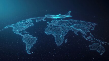 A digital, blue, wireframe, illustration, of the world with a plane flying over it, with a blurred blue background.