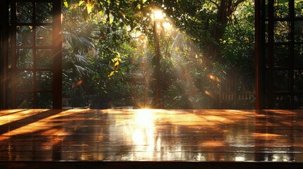 Fototapeta premium Golden sunlight streams through lush green trees onto the polished wooden floor of a traditional pavilion.