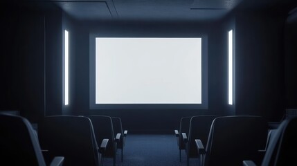 Empty movie theater with a blank screen and rows of seats.