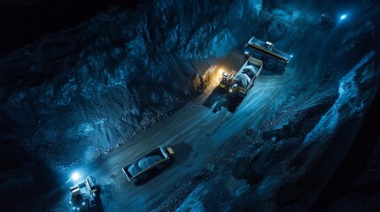 Nighttime mining operation heavy machinery extracting resources from deep underground pit.