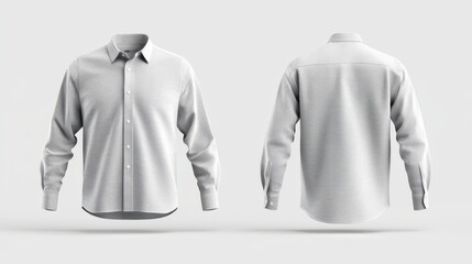 Stylish long sleeve collared shirt mockup, front and back views in split screen format, sharp fabric texture on a white background