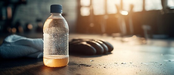 Post-workout drink bottle on gym floor.