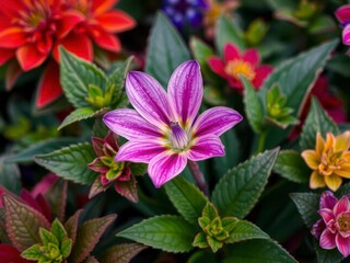 Vibrant purple flower petals and leaves in a lush garden setting, exotic, blooming