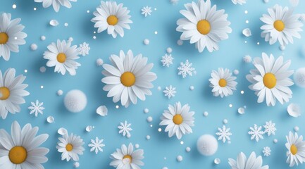 Obraz premium Pastel blue background with white daisies, small flowers, and spheres.