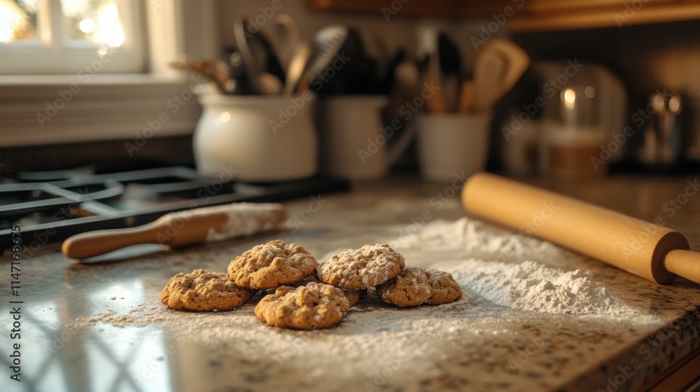 Aufkleber freshly baked cookies cooling on a kitchen countertop adorned with flour and baking tools in a cozy 