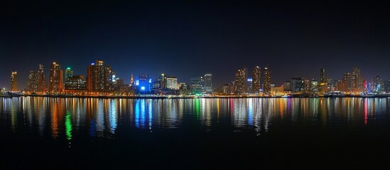 Night cityscape panorama reflecting on calm water.