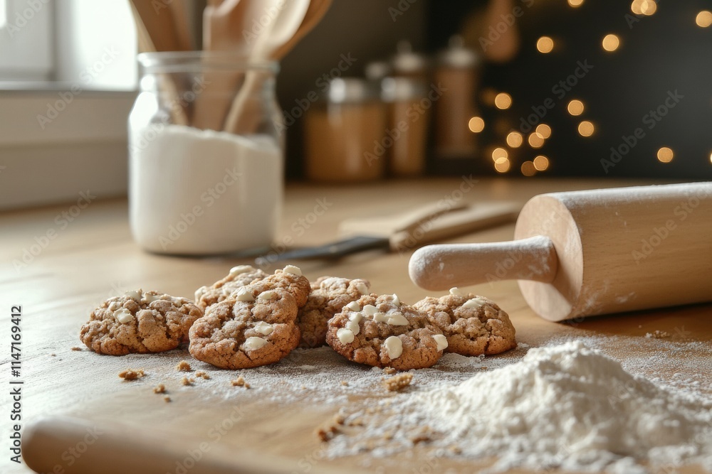 Aufkleber freshly baked cookies on a kitchen countertop with flour and baking tools during a cozy afternoon. g