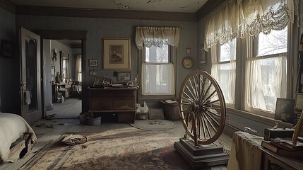 Fototapeta premium Sunlit abandoned bedroom with antique furniture and spinning wheel.