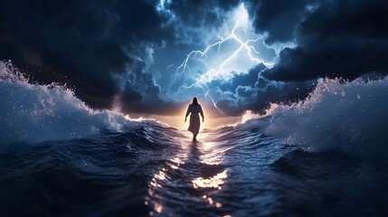 Jesus walking confidently on stormy waves, dark clouds looming, with bright light illuminating his path. Sea spray and lightning in the background