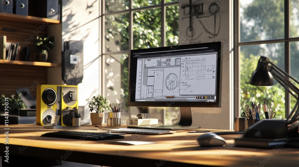 Poster modern engineering desk setup with computer and natural light in a stylish workspace. generative ai