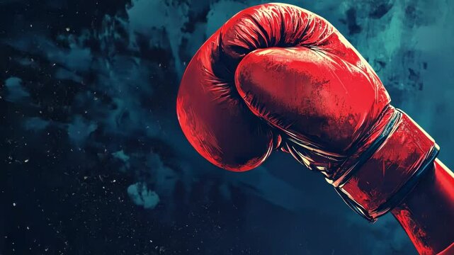 Close-up of red boxing gloves punching through water splash in action, concept of sport