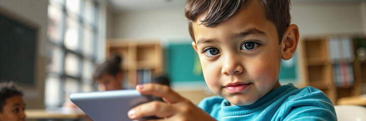 Young student with curious expression using tablet in classroom