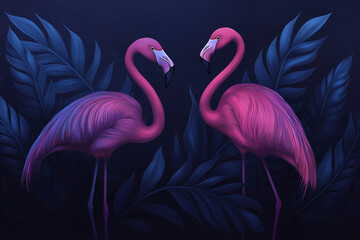 Pinker Flamingo steht zwischen tropischen Blättern

