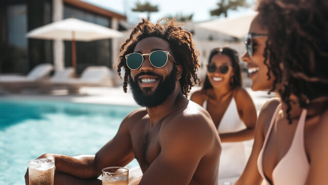 Cheerful friends enjoying cocktails by luxury resort pool on sunny day. Stylish group relaxing at upscale hotel poolside. Concept of summer vacation and joyful friendship moments. Lo-fi photo effect